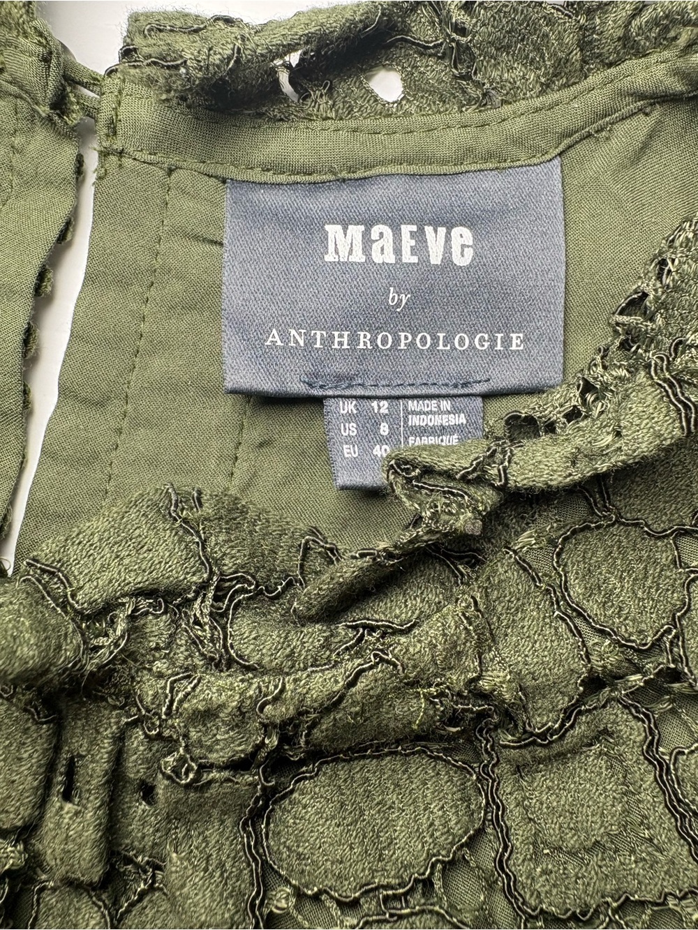 Anthropologie Olive Green Crochet Lace Flutter Sleeve Top - Picture 4 of 6